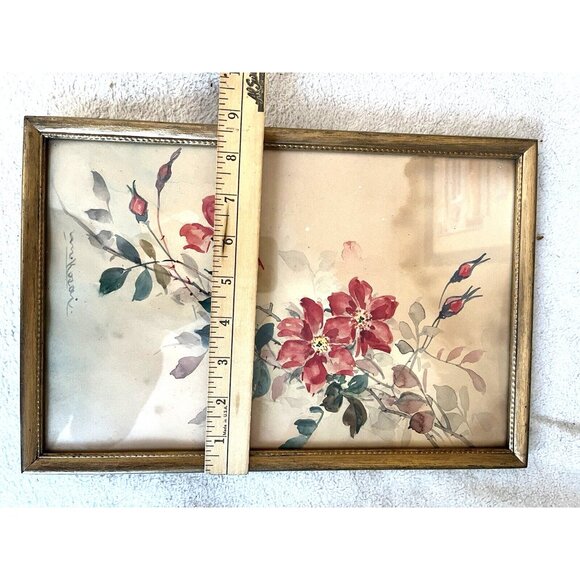 Antique Signed Asian Floral Watercolor Painting Gold Tone Framed‎ 13"x8-1/2" - Picture 6 of 7